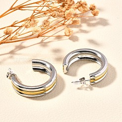 304ステンレススチールツートンスタッドピアス  トリプルC字型  ゴールデン·ステンレス鋼色  30x8mm&nbsp;EJEW-F355-05GP-06