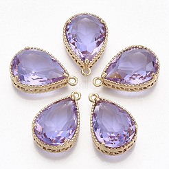 カット加工ガラスペンダント  金色の真鍮のオープンバックセッティング  ティアドロップ  ライラック  23x15.5x6.5mm  穴：1.5mm&nbsp;GLAA-T010-016D