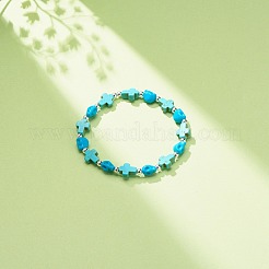 Эластичный браслет из синтетической бирюзы (окрашенной) с крестом и черепом из бисера&nbsp;BJEW-JB08451-04