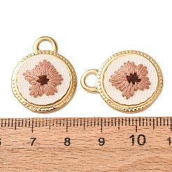 304ステンレススチールと布刺繍のペンダント  フラワーラウンドフラワーチャーム  イオンプレーティング（ip）  長持ちメッキ  18KGP本金メッキ  24x19.5x3mm  穴：3x4mm&nbsp;FB-CBAFBAF-08G-02