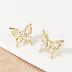 Серьги-гвоздики из латуни с микропаве и цирконием в форме бабочки EJEW-M082-17G-02