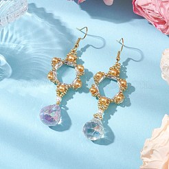 ガラスダングルピアス  アクリル模造真珠ビーズと304ステンレススチールのイヤリングワイヤー付き  花  ゴールデンロッド  71x23mm&nbsp;EJEW-MZ00255-03