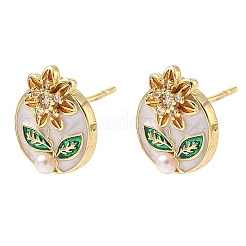 Овальные серьги-гвоздики с цветком из латуни с микропаве из кубических цирконий&nbsp;EJEW-P336-02G