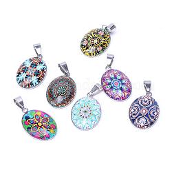 Flower Pattern Glass Pendants, with 201 Stainless Steel Findings, Oval, Mixed Color, 29.5x18.5x5~6mm, Hole: 4x6mm