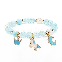 Bracelet extensible imitation perle acrylique, alliage émail licorne couronne lune bracelet à breloques pour femme, turquoise pale, diamètre intérieur: 2-1/4 pouce (5.8 cm)