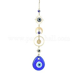 Blue Teardrop with Evil Eye Lampwork Pendant Decorations, Brass Moon/Sun Link Hanging Ornaments, Golden, 203.5x29.5x5mm, Hole: 10mm