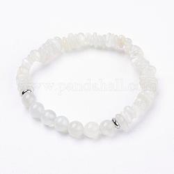 Bracelets en perles de pierre de lune blanches naturelles, avec perles en 304 acier inoxydable, Emballage en toile de jute, couleur inoxydable, 2 pouce (52 mm)
