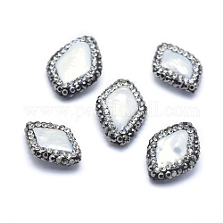 Culture des perles perles d'eau douce naturelles, avec strass en pâte polymère, losange, blanc, 19~22x13~15mm, Trou: 0.8mm