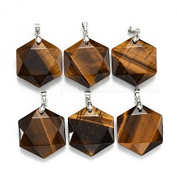 Natural Tiger Eye Pendants, with Platinum Tone Brass Findings, Faceted, Hexagon, 28x25x9mm, Hole: 4x5mm