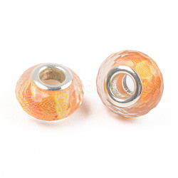 Resina perline europei, perline con foro grande, con anime in ottone placcato color argento, sfaccettato, rondelle, arancione, 14x9mm, Foro: 5 mm