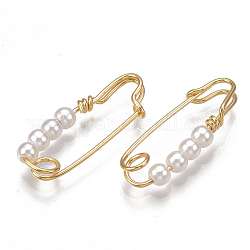 Broches de latón, con abs de plástico imitación perla, sin níquel, real 18k chapado en oro, 21~22x7~8mm, pin: 0.7 mm