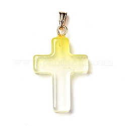 Two Tone Transparent Glass Pendants, with Golden Plated Iron Findings, Cross, Yellow, 28.5x18x4.5mm, Hole: 5.5x3mm