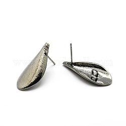 Teardrop Shaped Brass Stud Earring Findings, with Loop Fit Dangling Charms, Gunmetal, 25x11x3mm, Hole: 2mm, Pin: 0.8mm