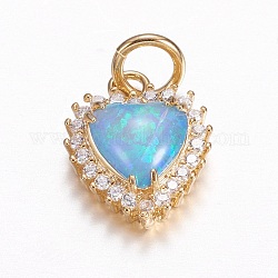 Ottone micro spianare fascino zirconi, con opale sintetico, cuore, oro, cielo azzurro, 14x11.5x5mm, Foro: 4 mm