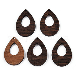 Natural Wenge Wood Pendants, Undyed, Hollow Teardrop Charms, Coconut Brown, 38x26x3.5mm, Hole: 2mm