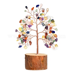 Chips de piedras preciosas naturales árbol de la vida decoraciones, Base de madera de columna con alambre de cobre, regalo de piedra energética feng shui para decoración de escritorio de oficina en casa, 60x160mm