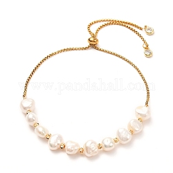 Bracelet coulissant réglable en perles de perles naturelles pour cadeau femme fille, Breloques en laiton, 304 bracelet chaîne en acier inoxydable avec oxyde de zirconium, blanc, 0.79~3.23 pouce (20~82 mm)