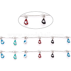 Handmade Brass Bar Link Chains, with Enamel Charms and Spool, Soldered, Long-Lasting Plated, Teardrop with Evil Eye, Platinum, 12.5x2x1.5mm, about 32.8 Feet(10m)/roll