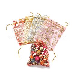 Estampage or rose fleur rectangle organza sacs-cadeaux, bijoux sachets d'emballage de étirables, couleur mixte, 12x10 cm