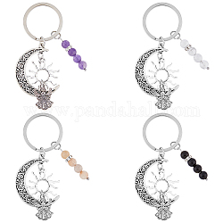 SUPERFINDINGS 1 Set Gemstone Round Beaded Keychain, with Tibetan Style Alloy Pendant and Iron Findings, Moon & Sun & Angel, Antique Silver, 85mm, 4pcs/set