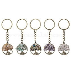 Porte-clés de pierres précieuses naturelles mélangées, avec porte-clés fendus en fer et accessoires en alliage, plat et circulaire avec arbre de vie, 7.9 cm