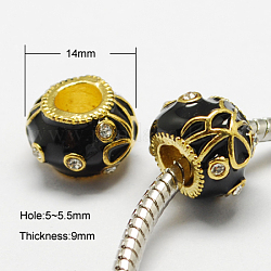 Alloy Enamel Beads, with Grade A Rhinestones, Large Hole Beads, Rondelle, Golden, Black, 14x9mm, Hole: 5~5.5mm