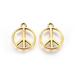 Tibetan Silver Charms, Cadmium Free & Nickel Free & Lead Free, Peace Sign, Antique Golden, about 14mm in diameter, 1mm thick, Hole: 1.5mm