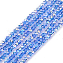 Transparent galvanisieren Glasperlen Stränge, facettiert, Rondell, ab Farbe plattiert, Blau, 4~4.5x3~3.5 mm, Bohrung: 0.8 mm, ca. 150~152 Stk. / Strang, 17.91~19.69 Zoll (45.5~50 cm)