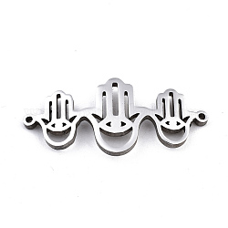 304 Stainless Steel Link Connectors, Laser Cut, Hamsa Hamsa Hand/Hand of Fatima/Hand of Miriam with Eye, Stainless Steel Color, 14x30x1.5mm, Hole: 1mm
