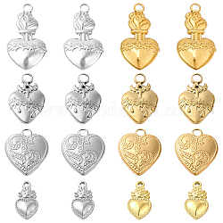 SUNNYCLUE 16Pcs 8 Style 304 Stainless Steel Pendants, Heart, Golden & Stainless Steel Color, 14~27x8~15.5x2~3mm, Hole: 1~3mm, 2pcs/style
