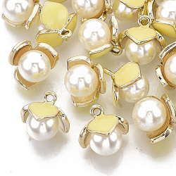 Pendentifs d'émail en alliage, avec des perles abs d'imitation de perles, or clair, fleur, jaune, 15x15.5x10x12mm, Trou: 1.8mm