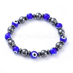 Perles de lampwork fait main mauvais oeil bracelets stretch, avec des non-magnétiques perles synthétiques d'hématite, ronde, bleu, 2-1/4 pouce (5.8 cm)