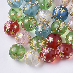 Perlas de resina impresas translúcidas, esmerilado, redondo con patrón de sakura, color mezclado, 14mm, agujero: 2 mm