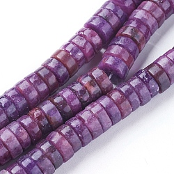 Lepidolita natural / hebras de perlas de piedra de mica púrpura, cuentas de espodumena, abalorios heishi, Disco redondo plano, 7.5~8x3mm, agujero: 1.2 mm, aproximamente 111~124 pcs / cadena, 14.1~15.7 pulgada (36~40 cm)