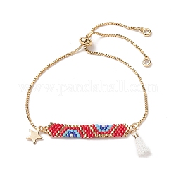 Bracelet coulissant à breloques japonaises faites à la main rectangle et étoile et pompon, bijoux en acier inoxydable doré 304 pour femme, rouge, 10-5/8 pouce (27 cm)
