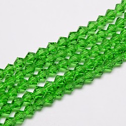 Nachzuahmen österreichischen Kristall Doppelkegel Glasperlen Stränge, Klasse AA, facettiert, Frühlingsgrün, 3x3.5 mm, Bohrung: 0.8 mm, ca. 120~125 Stk. / Strang, 14.8 Zoll