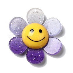 Pendenti grandi in acrilico con polvere glitterata, fiore bicolore con sorriso, indaco, 52x48x14.5mm, Foro: 2 mm