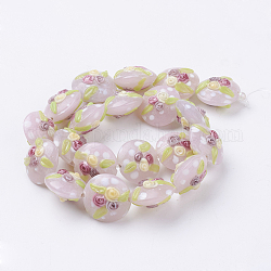 Chapelets de perles vernissées manuelles, plat et circulaire avec fleur, Prune, 17~20.5x10~14mm, Trou: 1.4mm