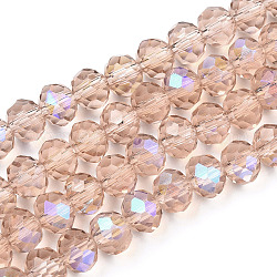 Electroplate Glass Beads Strands, Half Rainbow Plated, Faceted, Rondelle, PeachPuff, 10x8mm, Hole: 1mm, about 63~65pcs/strand, 19.2~20 inch(48~50cm)