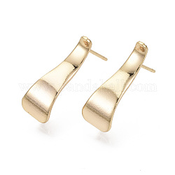 Brass Stud Earring Findings, with Loop, Nickel Free, Trapezoid, Real 18K Gold Plated, 19x7mm, Hole: 2mm, Pin: 0.7mm