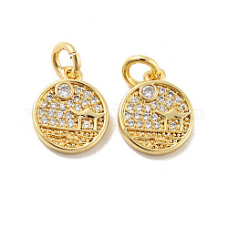 Flat Round with Pavilion Brass Micro Pave Clear Cubic Zirconia Charms, with Jump Rings, Cadmium Free & Lead Free, Golden, 12x10x1.8mm, Hole: 2.8mm