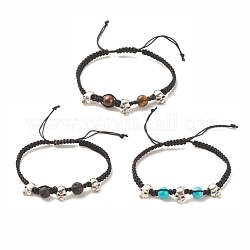 3 pièces bracelets de perles tressées en oeil de tigre naturel et roche de lave et turquoise synthétique sertis de crâne en alliage, bracelets réglables de pierres précieuses d'halloween pour femmes, noir, diamètre intérieur: 2-1/4~3-1/2 pouce (5.8~9 cm), 1pc / style