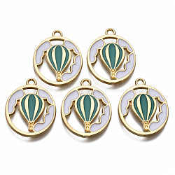Alloy Enamel Pendants, Light Gold, Cadmium Free & Nickel Free & Lead Free, Flat Round with Hot air Balloon, Dark Turquoise, 23x18x1.5mm, Hole: 1.6mm