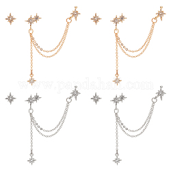 Anattasoul 4 пара асимметричных сережек в виде звезд из сплава 2 цветов с серебряными булавками, серьги-гвоздики с кисточками и каффами для женщин, платиной и золотом, 12x10.5 мм, 95 мм, штифты : 0.5 мм, 2 пара / цвета