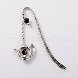 Tibetan Style Bookmarks/Hairpins, with Tibetan Style Kettle Glass Beads Findings, Antique Silver, Black, 84x13x2mm