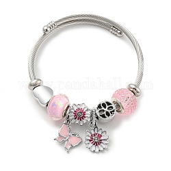 Bracciale europeo in acciaio inossidabile, braccialetto di fascino per le donne, fiore, diametro interno: 2-3/8~2-3/4 pollice (6~7 cm)