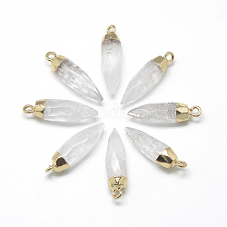 Pendentifs pointus en cristal de quartz naturel, pendentifs en cristal de roche, avec les accessoires en laiton, facette, balle, or, 25~27x8mm, Trou: 2mm