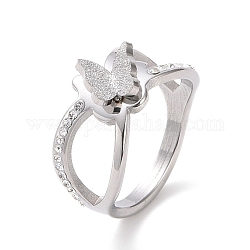 Diamante de imitación de cristal entrecruzado con anillo de dedo de mariposa, 304 joyería de acero inoxidable para mujer., color acero inoxidable, nosotros tamaño 7 (17.3 mm)