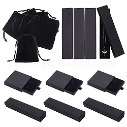 Nbeads 4Pcs Velvet Jewelry Storage Pouches, Drawstring Bags, with 12Pcs 3 Styles Cardboard Boxs, Rectangle, Black, Bag: 10x8x0.4cm, Box: 7.8~21x4~8x1.7~3.1cm, 4pcs/style