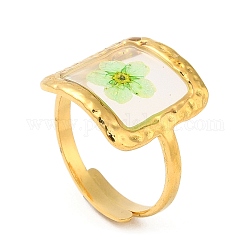 Resina epoxi cuadrada verde pálido con anillos ajustables de flores secas, revestimiento de iones (ip) 316 anillo de acero inoxidable quirúrgico, real 18k chapado en oro, diámetro interior: 17 mm